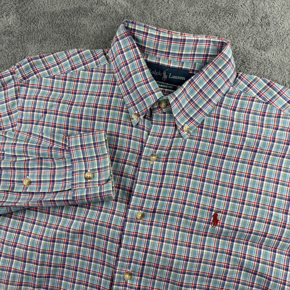 Ralph Lauren Shirt Mens Large Blue Red Plaid Classic Fit Button Down Long Sleeve